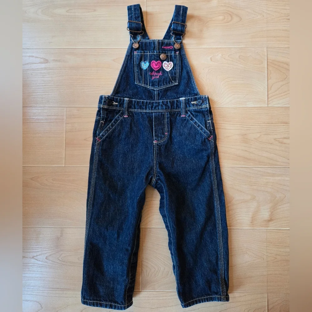 OshKosh B'Gosh dark blue denim overalls with applique patchwork hearts